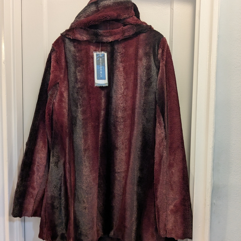 Burgundy Faux Fur Hooded Coat - Picture 3 of 3